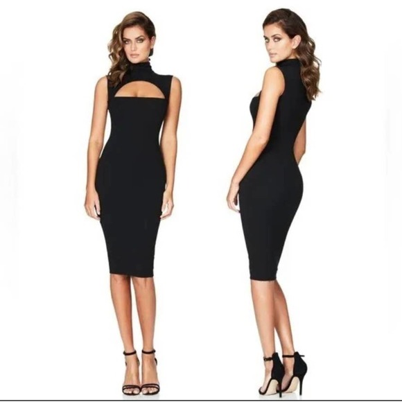 Nookie Manhattan Black Cutout Front Collar‎ Bodycon Midi  Dress | NWT | XS - Picture 1 of 12